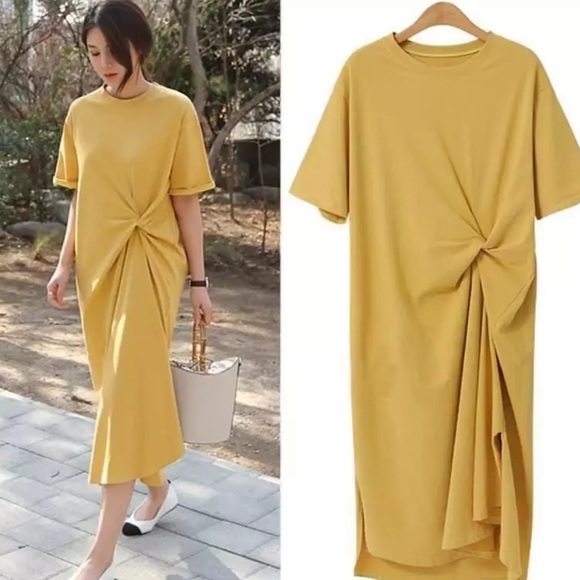 TRENDY | KOREAN STYLE FASHION T-SHIRT KNOTTED DRESS COTTON MIDI OVERSIZED - Picture 7 of 8